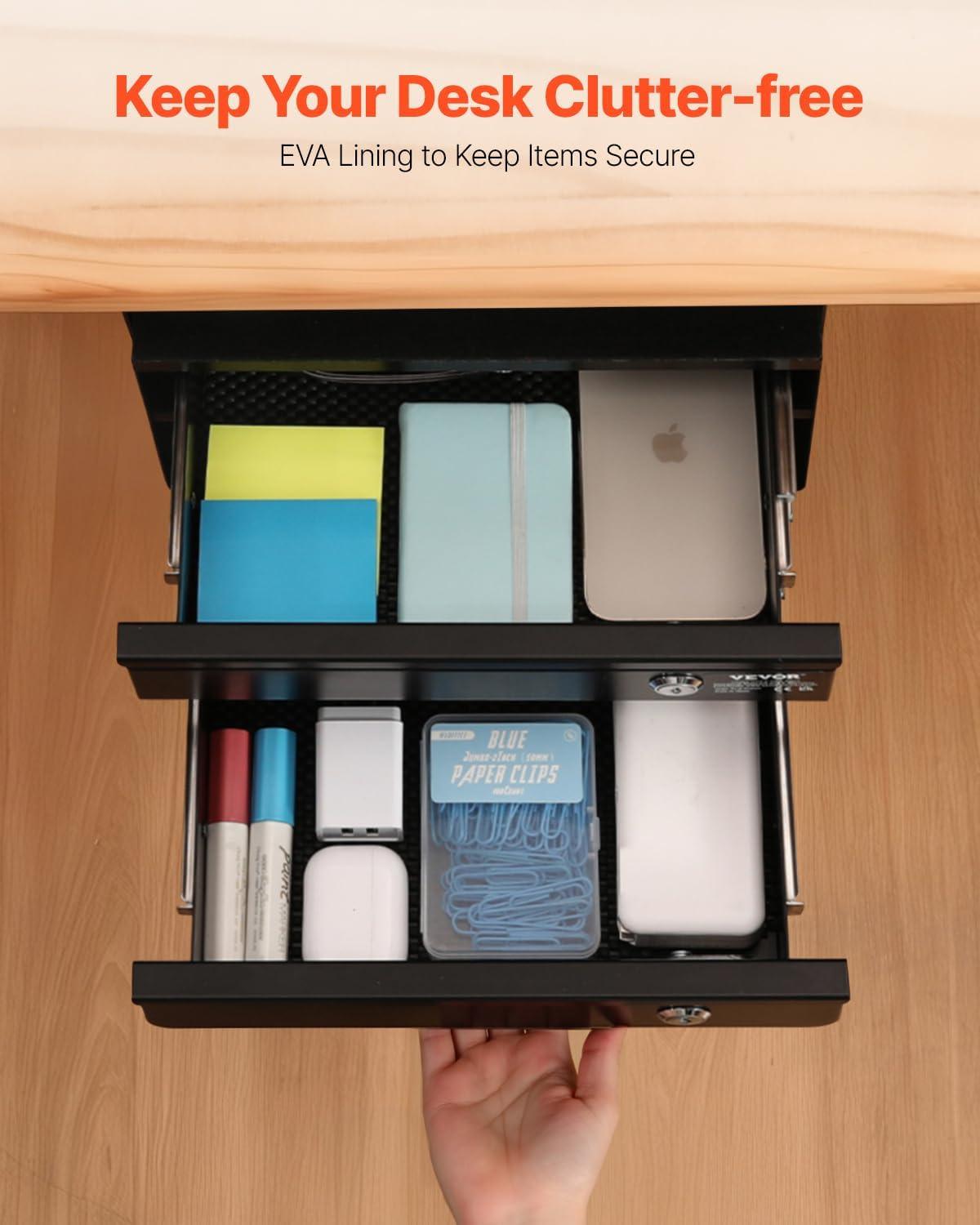 image:imageVEVOR Under Desk Lockable Slide Out Drawer 13 inch Under Desk Pullout Drawer for Sit Stand Workstation Secure Under Counter Drawers for Home Office Storage Organizer BlackDouble