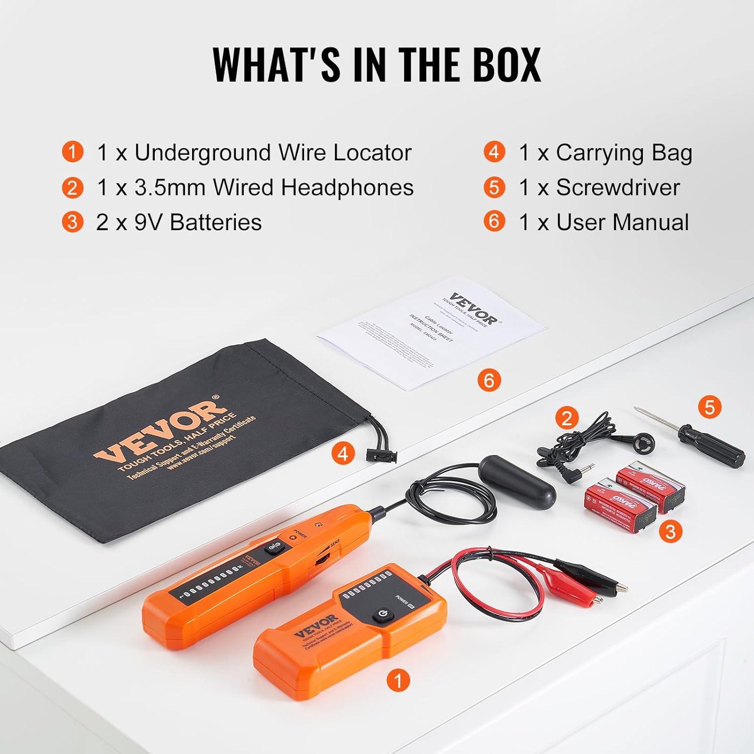 image:imageVEVOR Underground Cable Locator 3 FT Max Detection Depth Wire Tracer Break Detector Finder with Earphone 1000 FT MaxDetection Length Cable Tester for Pet Fence Buried Sprinkler Valve Irrigation