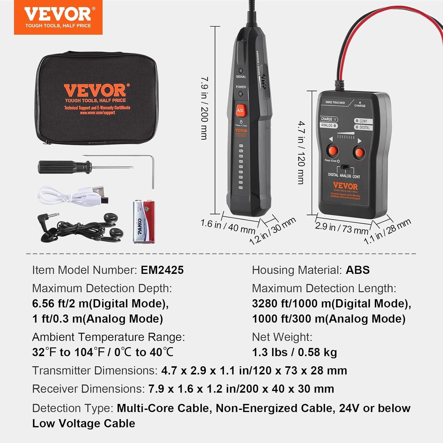 image:imageVEVOR Underground Cable Locator 65Ft Max Detection Depth Wire Tracer Break Detector Finder with Earphone 3280Ft Max Detection Length Cable Tester for Pet Fence Buried Sprinkler Valve Irrigation