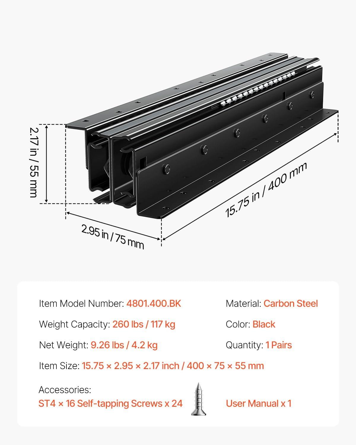 image:imageVEVOR Undermount Heavy Duty Drawer Slides 16 24 32 40 Inch 260 lb Load Capacity Full Extension Ball Bearing Under Stair Cabinet Rails Bottom Stair Cabinet Glides Track Runners16inch Black16 Inch