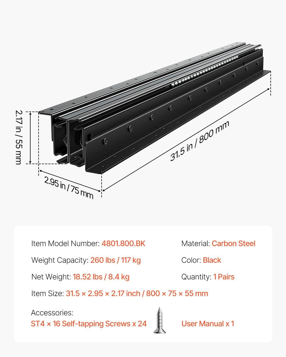 image:imageVEVOR Undermount Heavy Duty Drawer Slides 16 24 32 40 Inch 260 lb Load Capacity Full Extension Ball Bearing Under Stair Cabinet Rails Bottom Stair Cabinet Glides Track Runners16inch Black32 Inch
