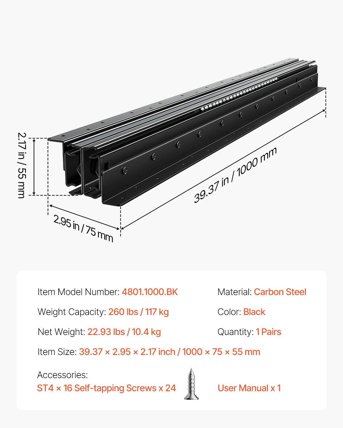 image:imageVEVOR Undermount Heavy Duty Drawer Slides 16 24 32 40 Inch 260 lb Load Capacity Full Extension Ball Bearing Under Stair Cabinet Rails Bottom Stair Cabinet Glides Track Runners16inch Black40 Inch