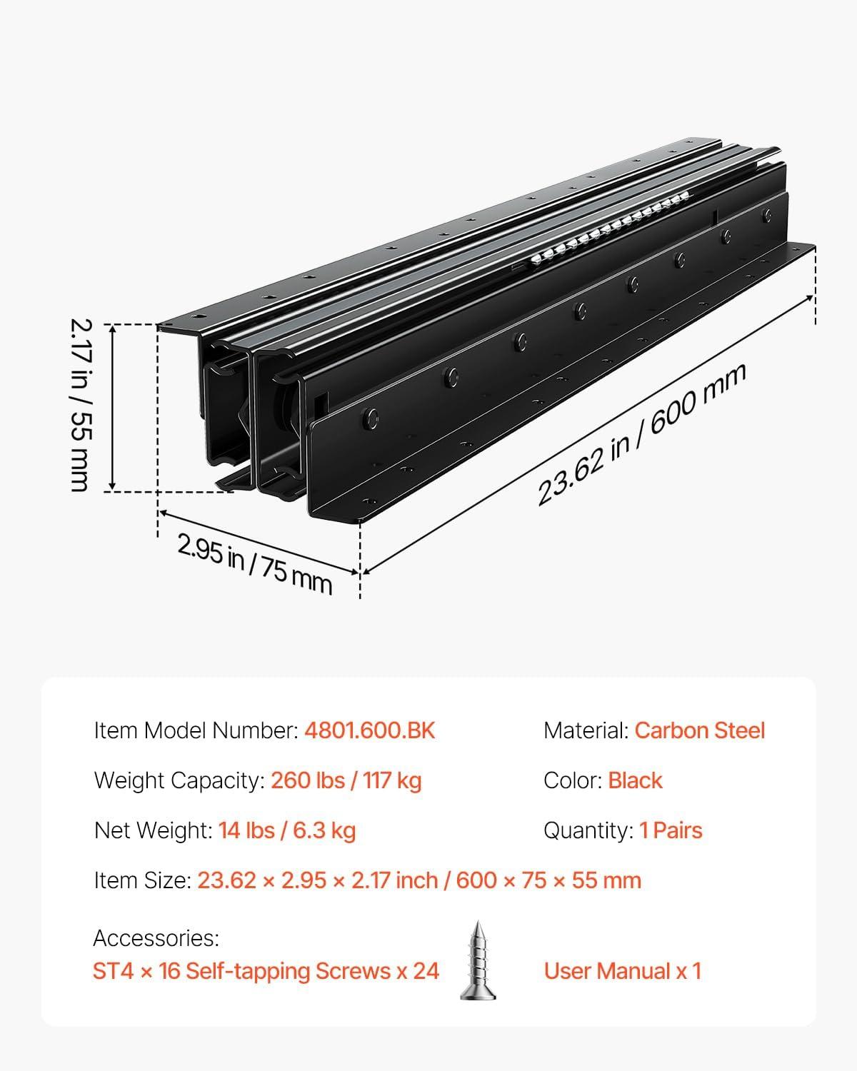 image:imageVEVOR Undermount Heavy Duty Drawer Slides 16 24 32 40 Inch 260 lb Load Capacity Full Extension Ball Bearing Under Stair Cabinet Rails Bottom Stair Cabinet Glides Track Runners16inch Black24 Inch