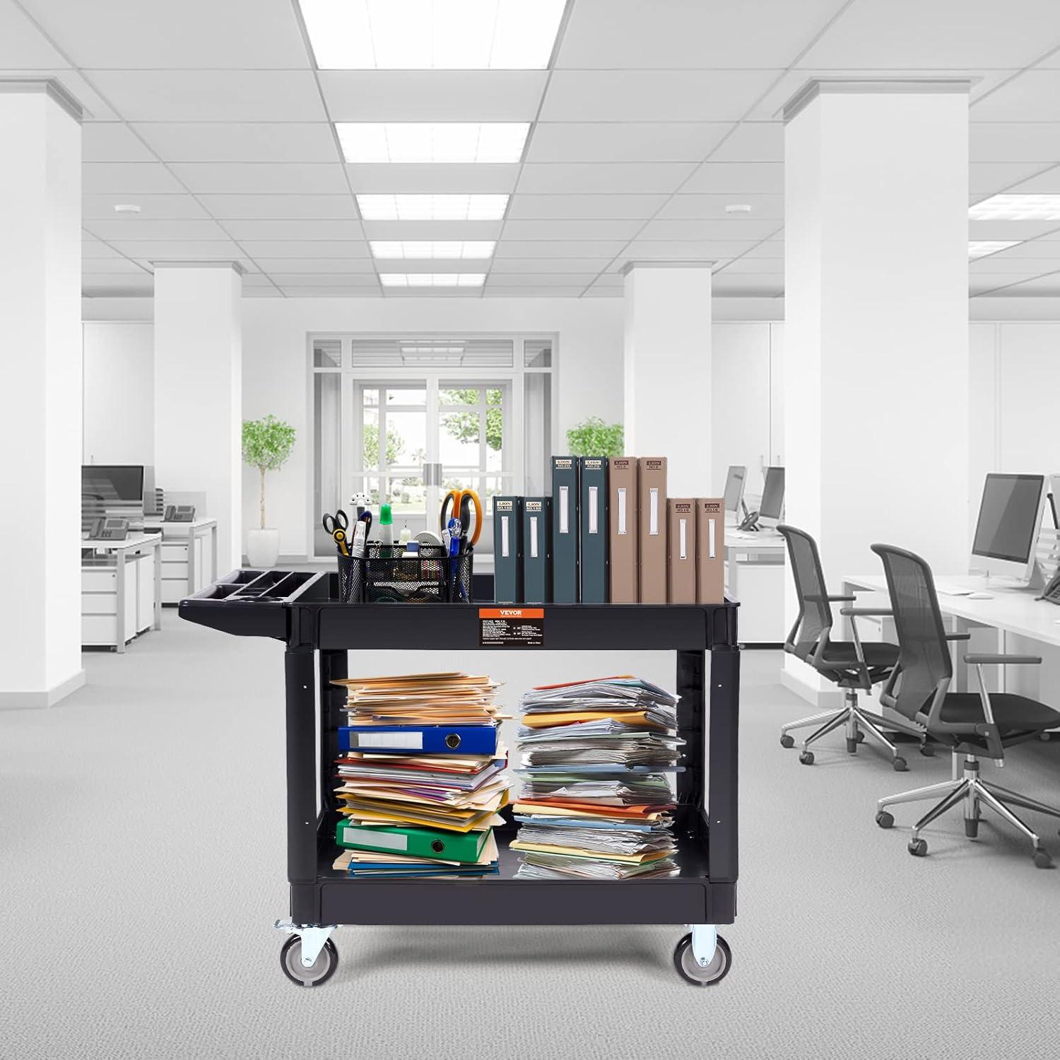 image:imageVEVOR Utility Service Cart 2 Shelf 550LBS Heavy Duty Plastic Rolling Utility Cart with 360 Swivel Wheels 2 with Brakes Large Lipped Shelf Ergonomic Storage Handle for WarehouseGarageCleaning