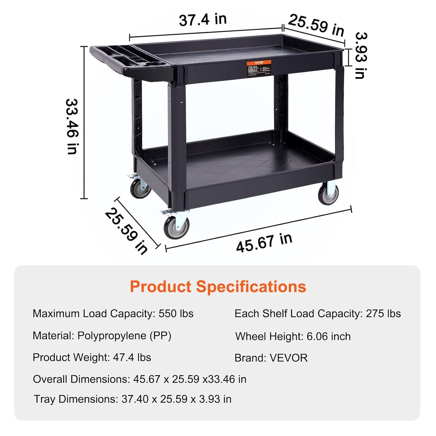 image:imageVEVOR Utility Service Cart 2 Shelf 550LBS Heavy Duty Plastic Rolling Utility Cart with 360 Swivel Wheels 2 with Brakes Large Lipped Shelf Ergonomic Storage Handle for WarehouseGarageCleaning