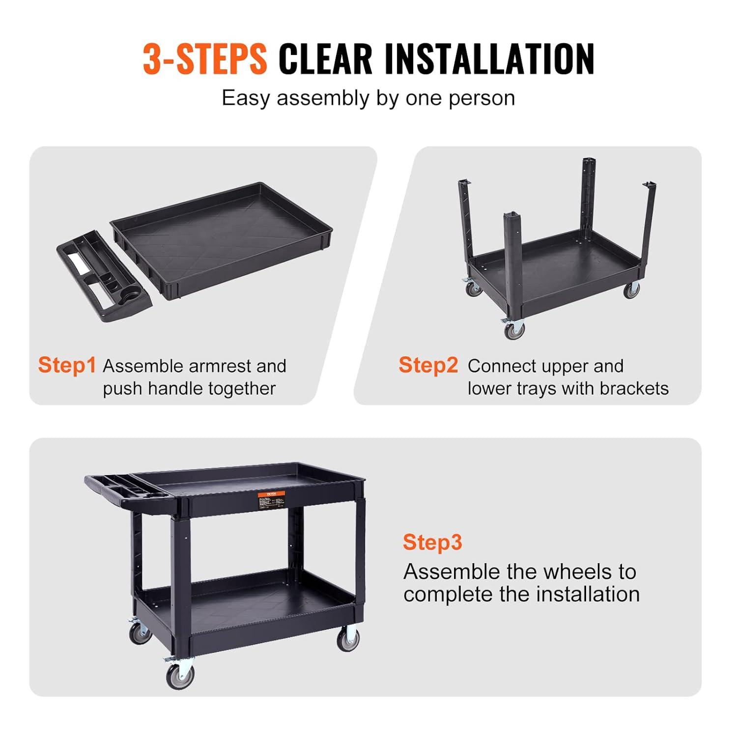image:imageVEVOR Utility Service Cart 2 Shelf 550LBS Heavy Duty Plastic Rolling Utility Cart with 360 Swivel Wheels 2 with Brakes Large Lipped Shelf Ergonomic Storage Handle for WarehouseGarageCleaning