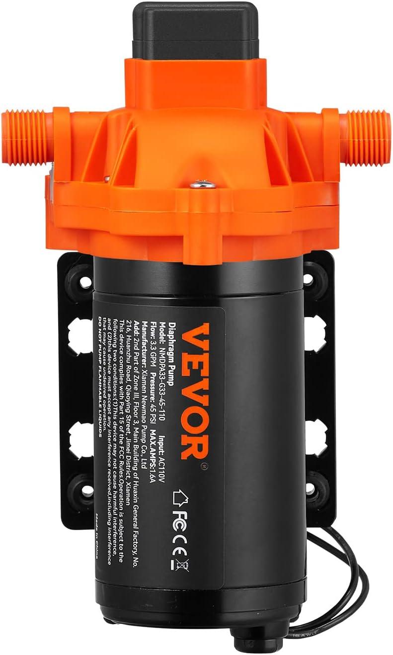 image:imageVEVOR Water Diaphragm Pump 12V DC 55 GPM Flow 70 PSI Rated Pressure 40100 PSI Adjustable 12 MNPT Self Priming Sprayer Pump with Pressure Switch for RV Camper Marine Boat Lawn FCC Certified110V 33GPM 45PSI