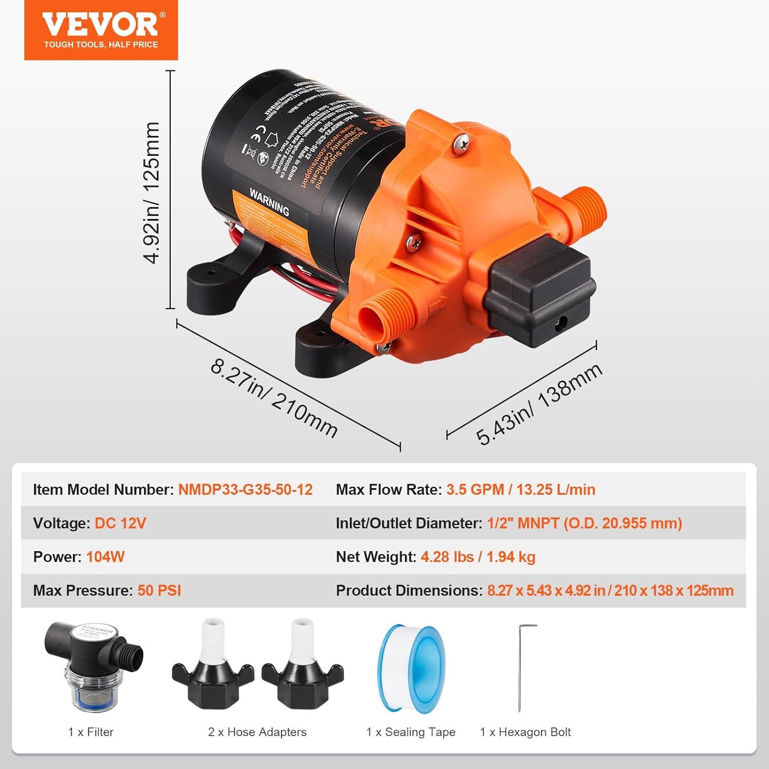 image:imageVEVOR Water Diaphragm Pump 12V DC 55 GPM Flow 70 PSI Rated Pressure 40100 PSI Adjustable 12 MNPT Self Priming Sprayer Pump with Pressure Switch for RV Camper Marine Boat Lawn FCC Certified12V 35GPM 50PSIAdjustable