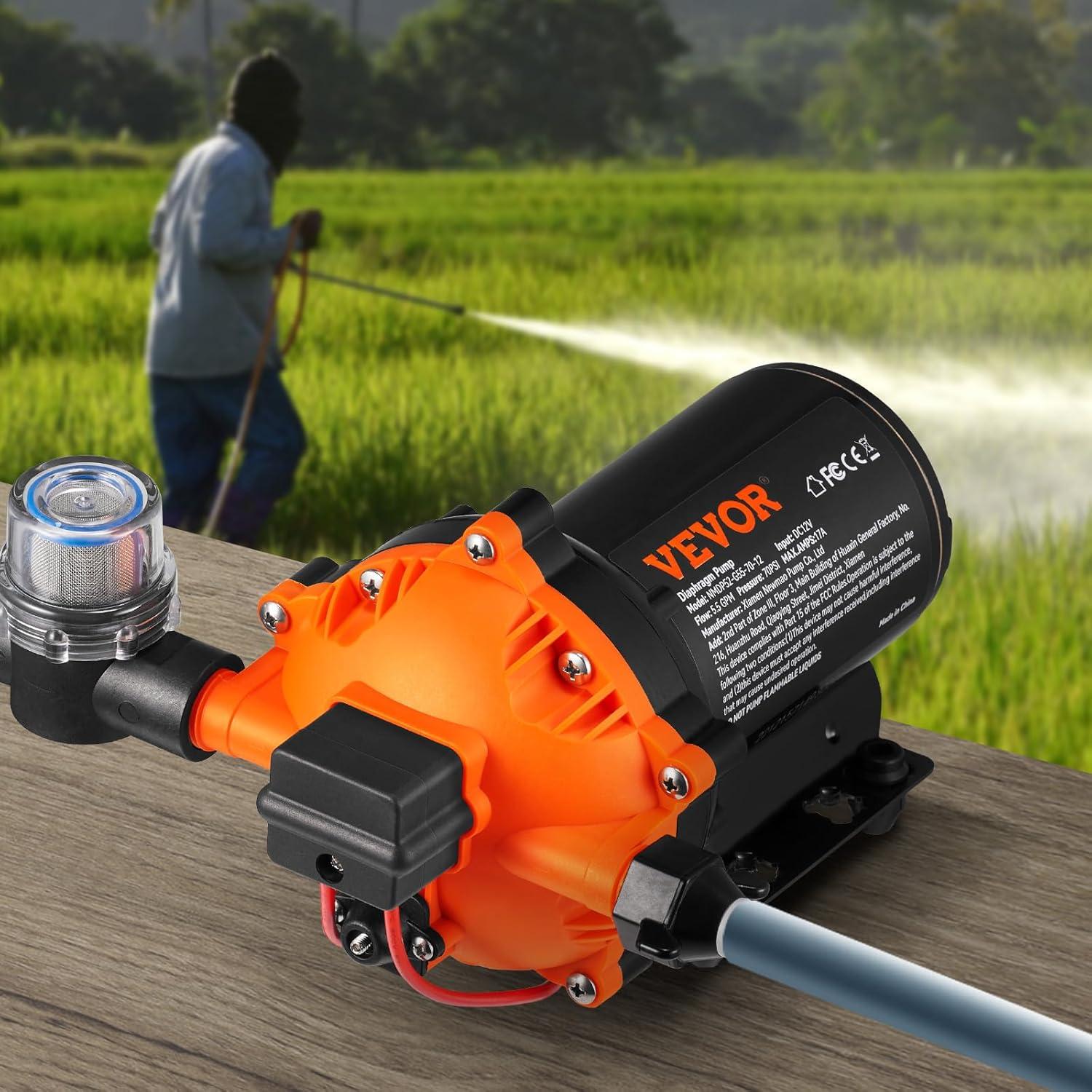image:imageVEVOR Water Diaphragm Pump 12V DC 55 GPM Flow 70 PSI Rated Pressure 40100 PSI Adjustable 12 MNPT Self Priming Sprayer Pump with Pressure Switch for RV Camper Marine Boat Lawn FCC Certified12V 55GPM 70PSIAdjustable