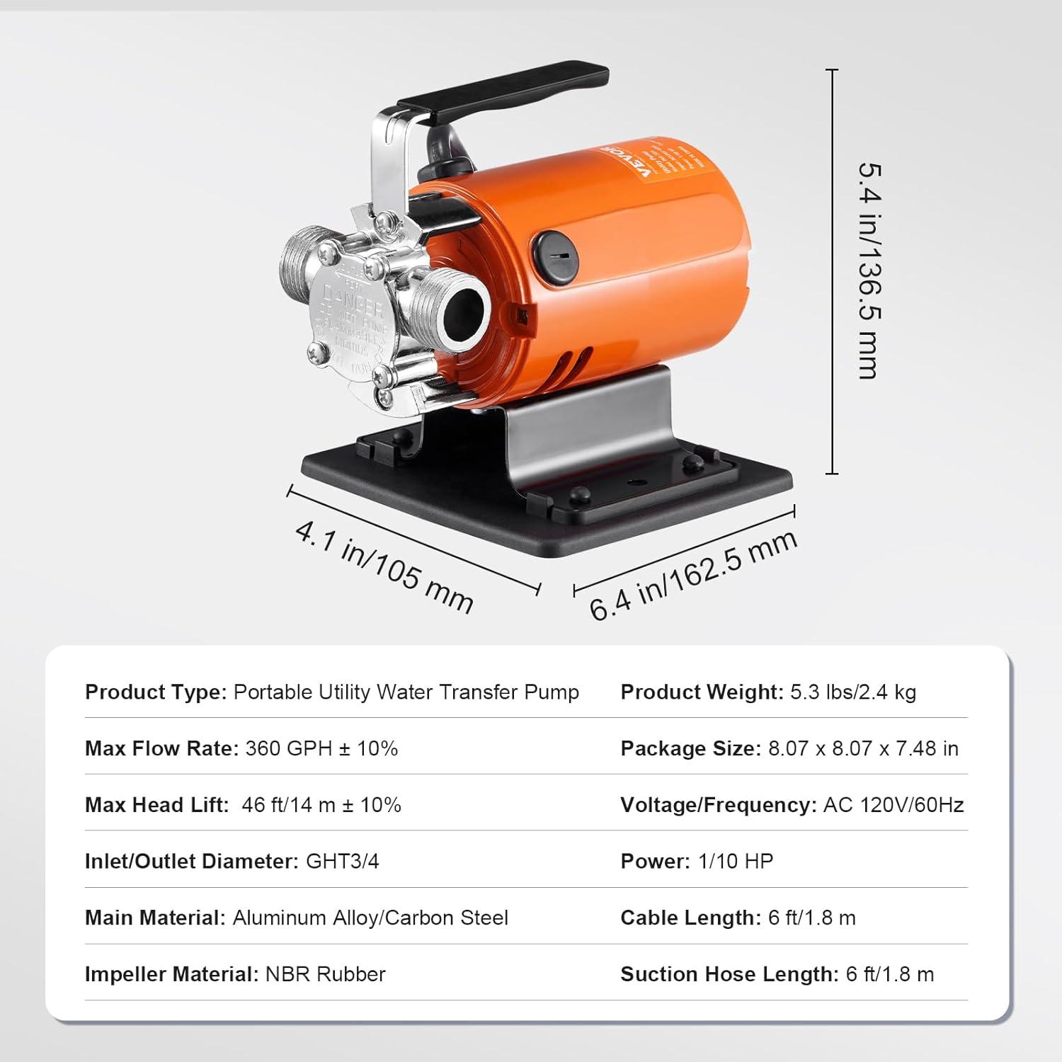 image:imageVEVOR Water Transfer Pump 12V Battery Powered Utility Pump 360 GPH 110HP Portable Electric Water Pump with Switch 6 ft Suction Hose Kit For Water Removal Nonsubmersible115VAC