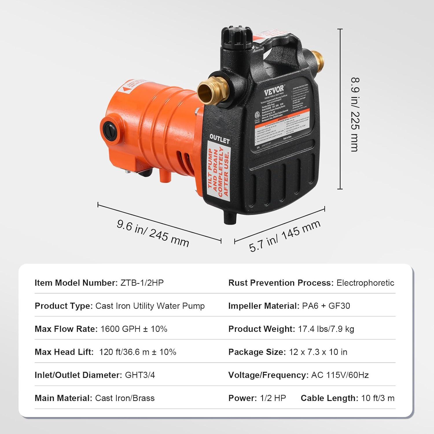 image:imageVEVOR Water Transfer Pump 12V Battery Powered Utility Pump 360 GPH 110HP Portable Electric Water Pump with Switch 6 ft Suction Hose Kit For Water Removal Nonsubmersible115V AC Cast Iron