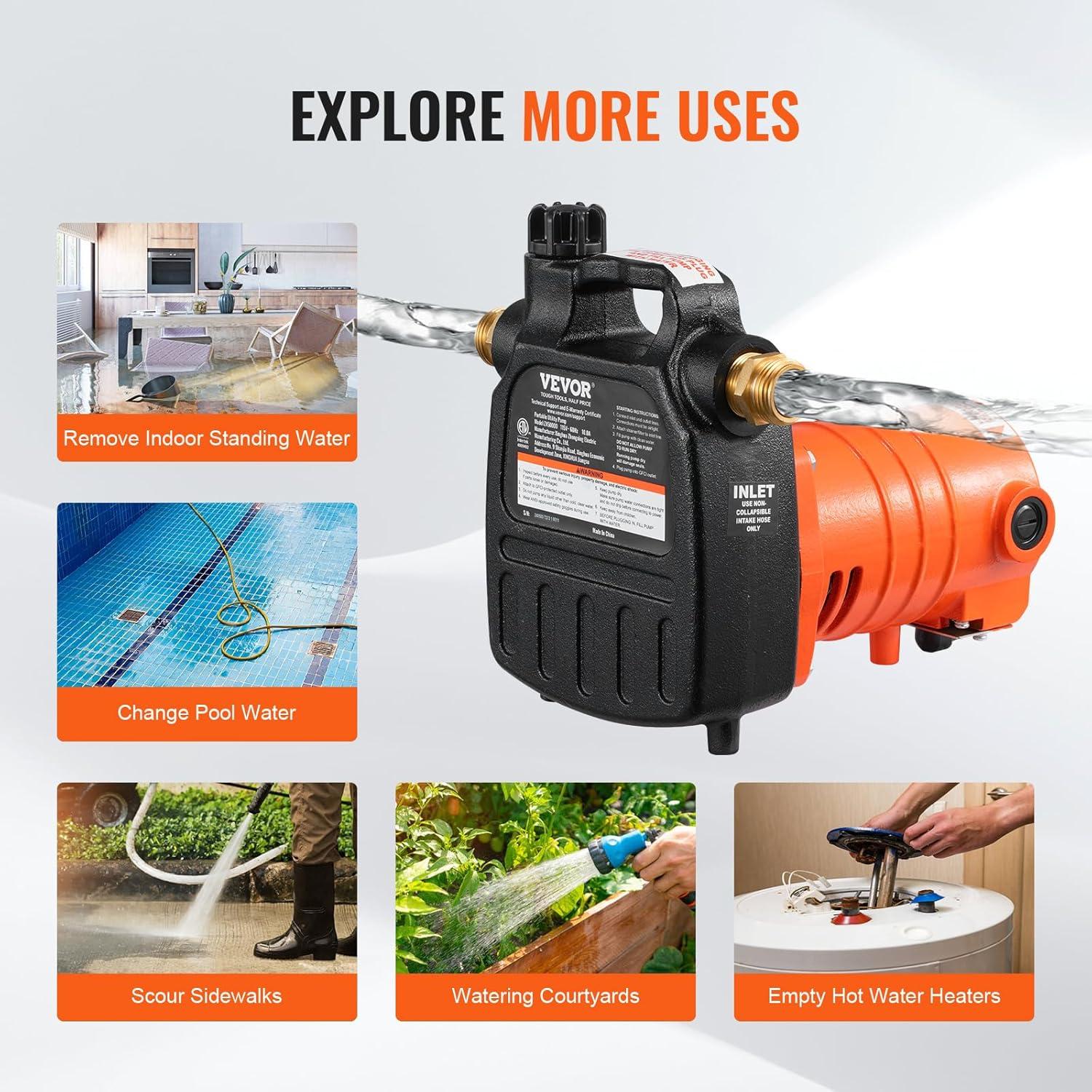 image:imageVEVOR Water Transfer Pump 12V Battery Powered Utility Pump 360 GPH 110HP Portable Electric Water Pump with Switch 6 ft Suction Hose Kit For Water Removal Nonsubmersible115V AC Cast Iron