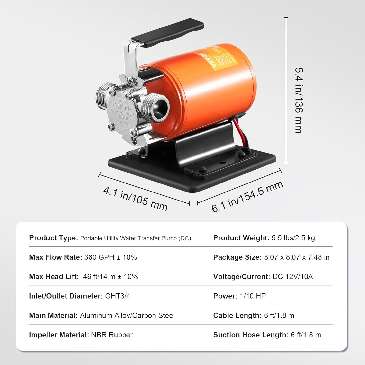 image:imageVEVOR Water Transfer Pump 12V Battery Powered Utility Pump 360 GPH 110HP Portable Electric Water Pump with Switch 6 ft Suction Hose Kit For Water Removal Nonsubmersible12V DC Switch