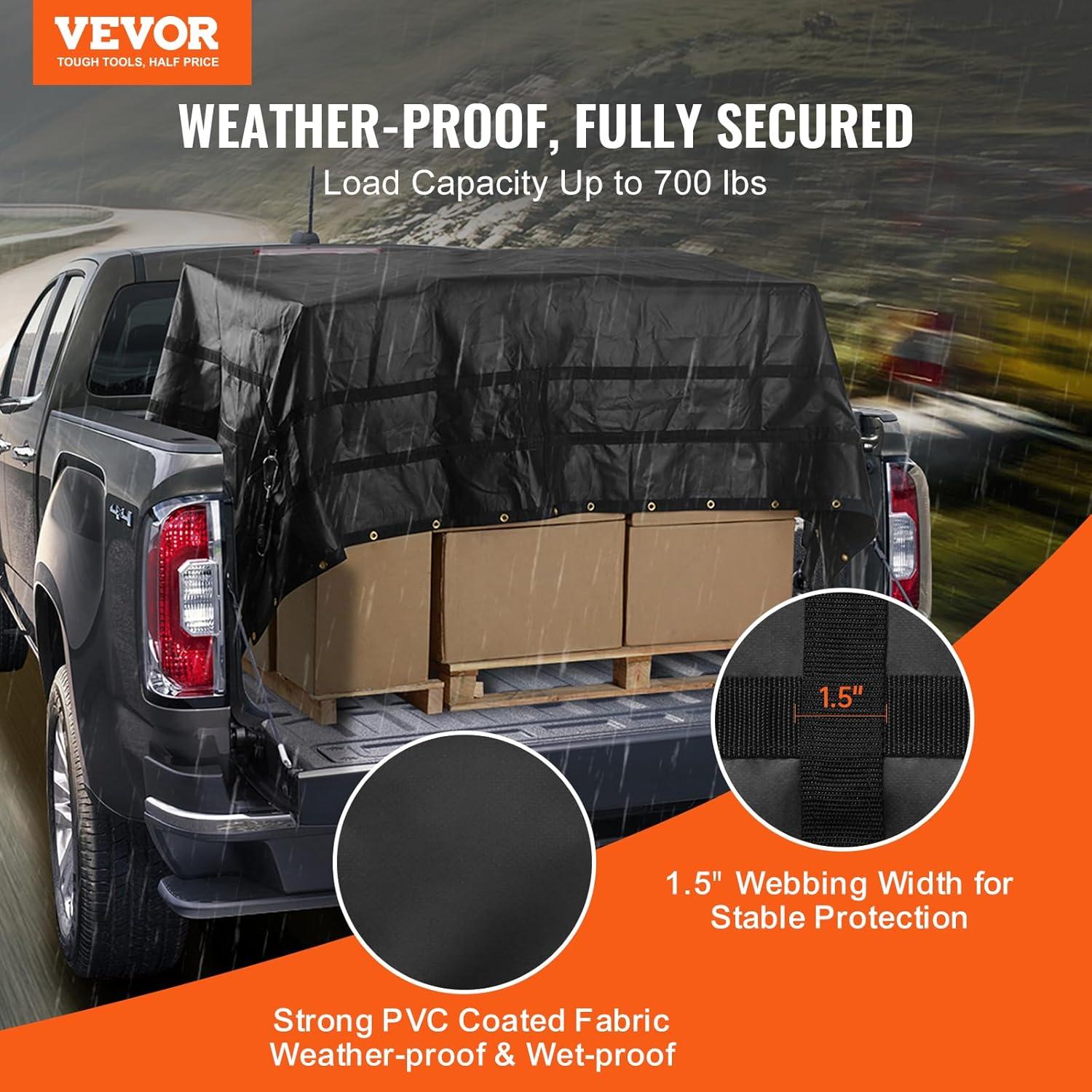 image:imageVEVOR Waterproof Cargo Net 96 in x 81 in Heavy Duty Truck Cargo NetWLL 700lbs 4 Adjustable Straps with Carabiners amp SHooks Truck Bed Cover for Trailer Pickup Boat Jeep SUV 675 x 8Waterproof