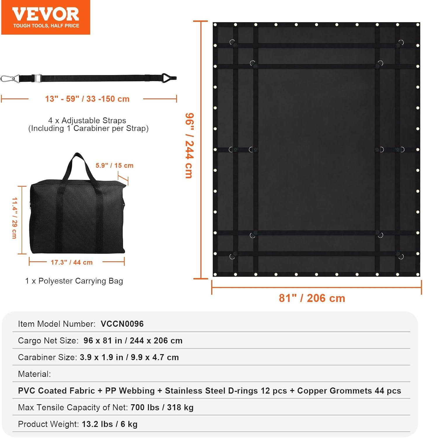 image:imageVEVOR Waterproof Cargo Net 96 in x 81 in Heavy Duty Truck Cargo NetWLL 700lbs 4 Adjustable Straps with Carabiners amp SHooks Truck Bed Cover for Trailer Pickup Boat Jeep SUV 675 x 8Waterproof