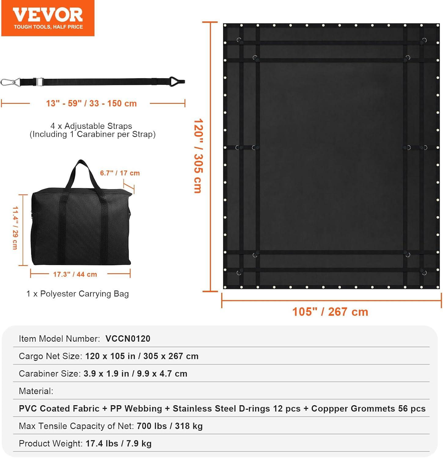 image:imageVEVOR Waterproof Cargo Net 96 in x 81 in Heavy Duty Truck Cargo NetWLL 700lbs 4 Adjustable Straps with Carabiners amp SHooks Truck Bed Cover for Trailer Pickup Boat Jeep SUV 675 x 8Waterproof
