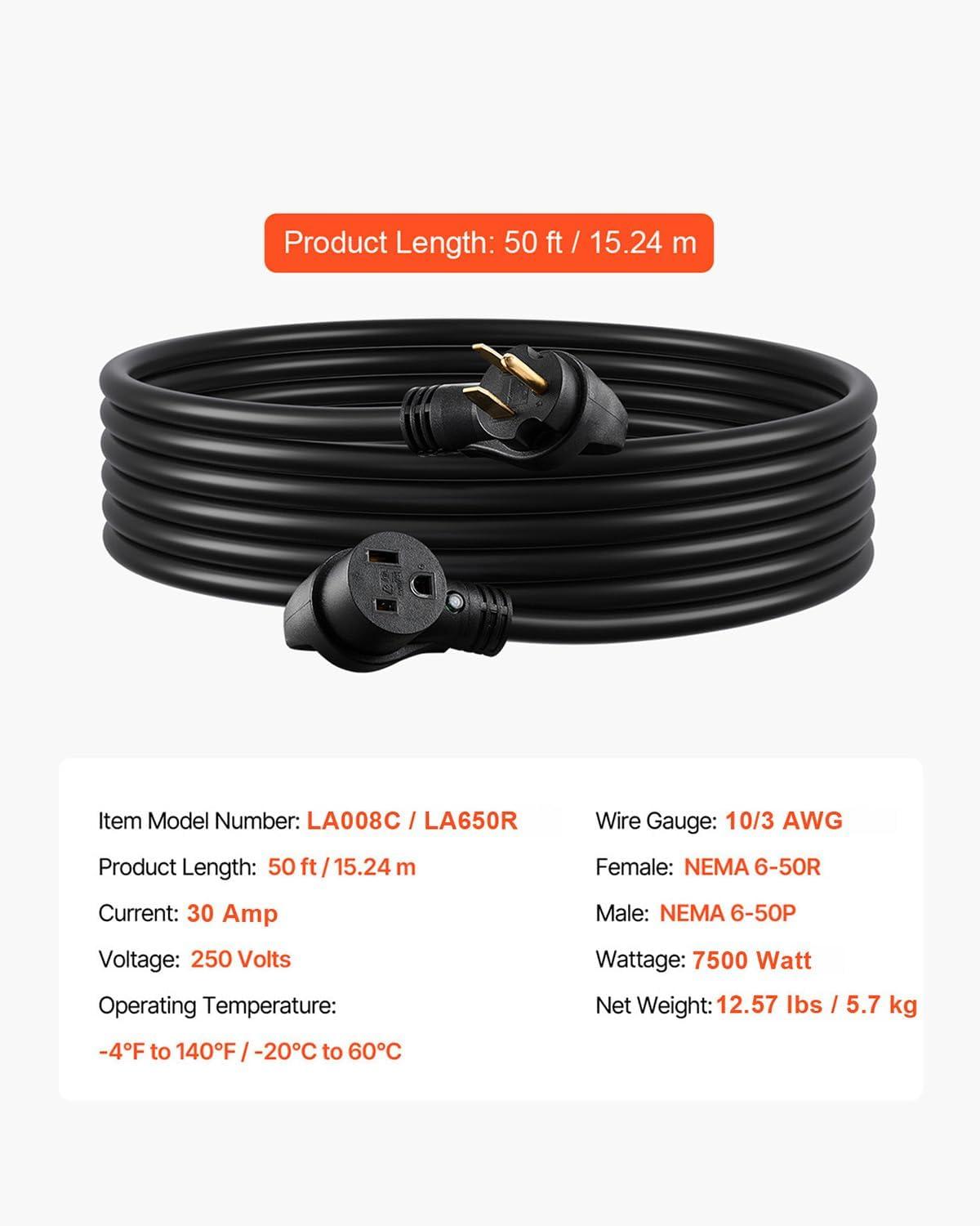 image:imageVEVOR Welder Extension Cord 30 Amp 50 Feet NEMA 650 Plug 103 AWG 3 Prong 250V 7500W Heavy Duty Welding Cable for MIG Lincoln Plasma Miller TIG10 AWG