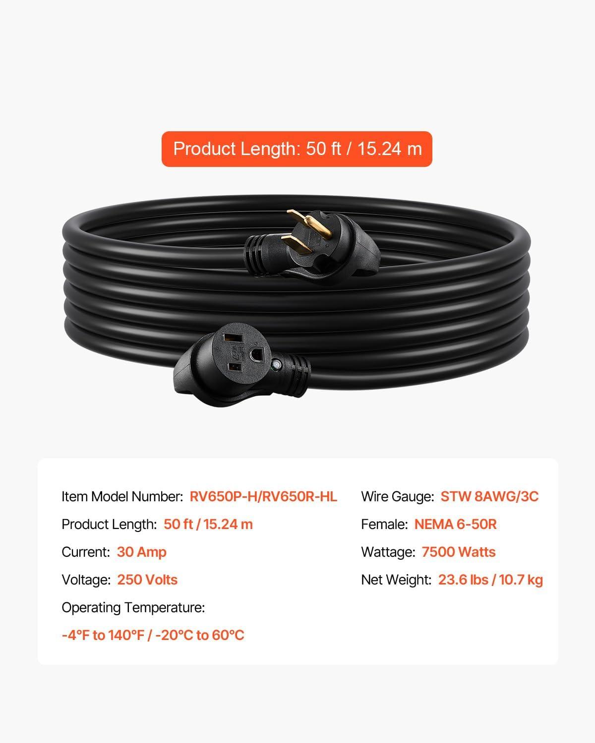 image:imageVEVOR Welder Extension Cord 30 Amp 50 Feet NEMA 650 Plug 103 AWG 3 Prong 250V 7500W Heavy Duty Welding Cable for MIG Lincoln Plasma Miller TIG8 AWG