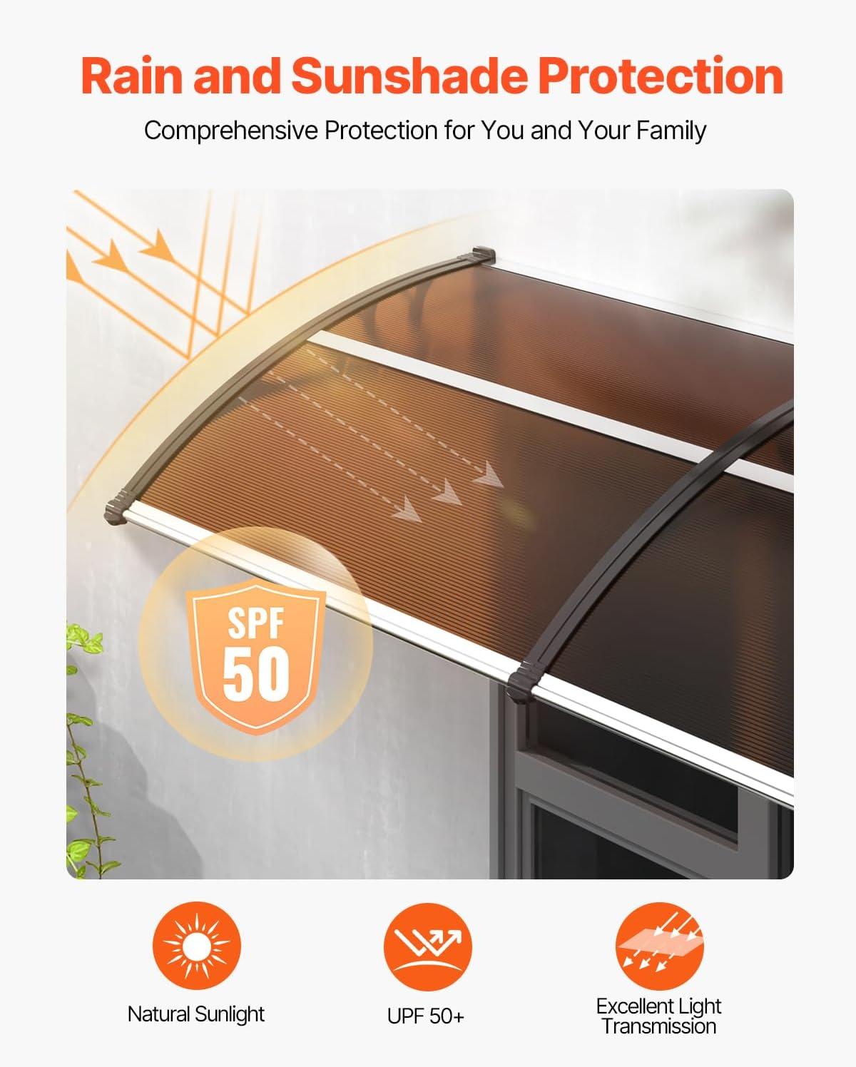 image:imageVEVOR Window Door Canopy 40 x 40 UPF 50 Polycarbonate for Door Canopy Exterior Entry Door Front Door Overhang for Rain Snow Sunlight Protection Hollow SheetBrown Board Black Bracket