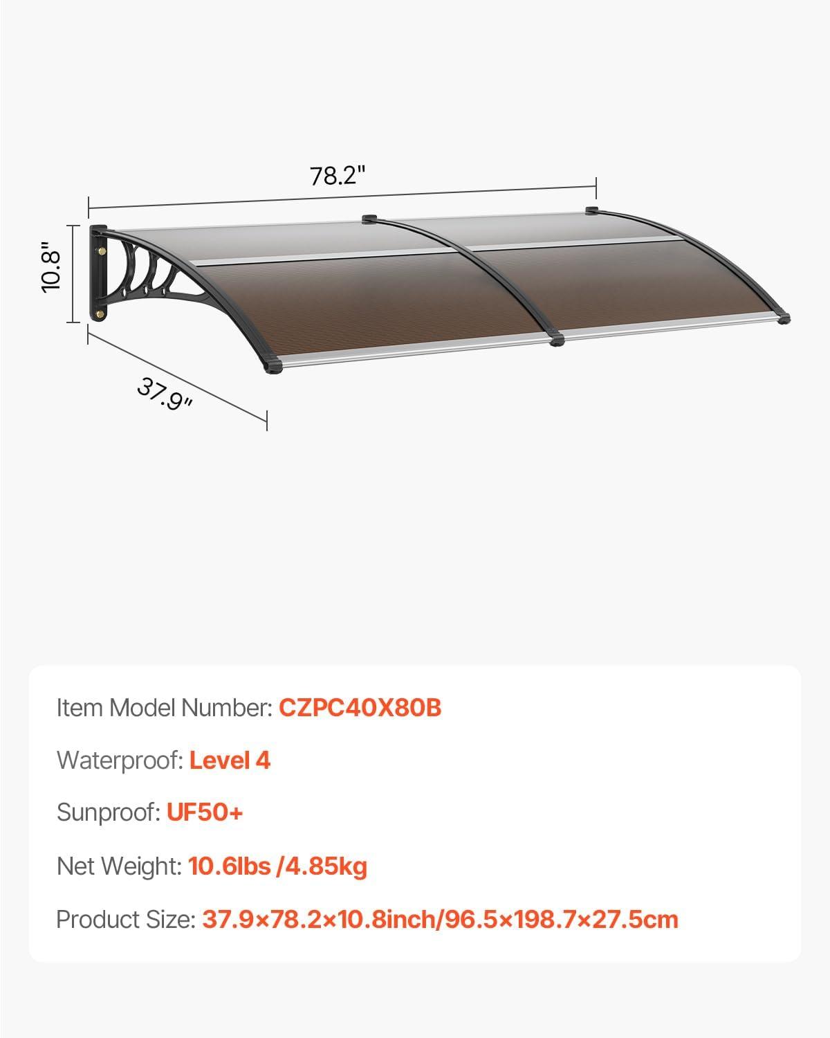 image:imageVEVOR Window Door Canopy 40 x 40 UPF 50 Polycarbonate for Door Canopy Exterior Entry Door Front Door Overhang for Rain Snow Sunlight Protection Hollow SheetBrown Board Black Bracket