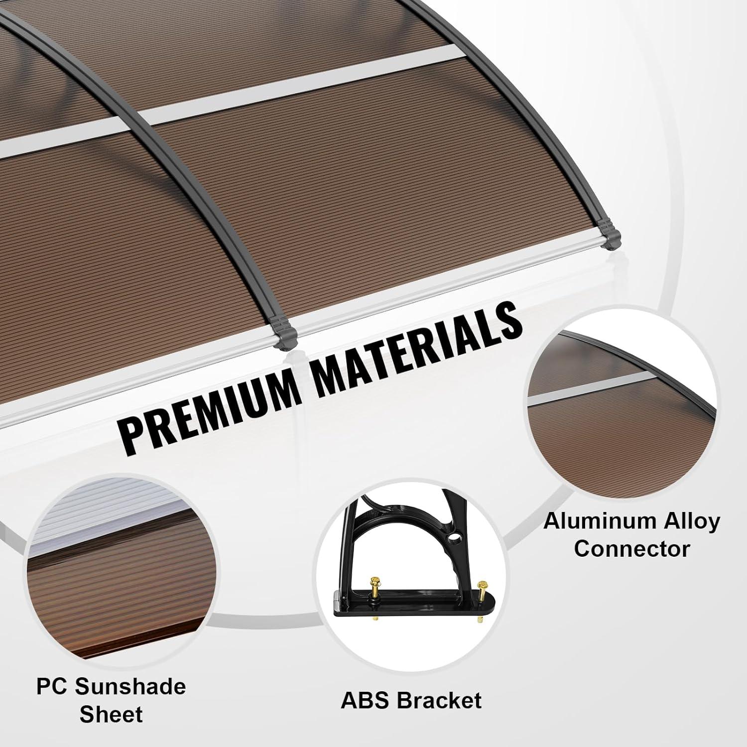 image:imageVEVOR Window Door Canopy 40 x 40 UPF 50 Polycarbonate for Door Canopy Exterior Entry Door Front Door Overhang for Rain Snow Sunlight Protection Hollow SheetBrown Board Black Bracket