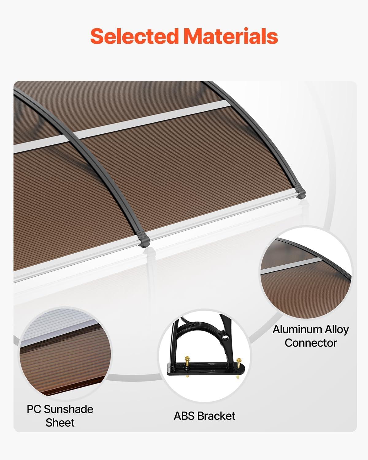 image:imageVEVOR Window Door Canopy 40 x 40 UPF 50 Polycarbonate for Door Canopy Exterior Entry Door Front Door Overhang for Rain Snow Sunlight Protection Hollow SheetBrown Board Black Bracket