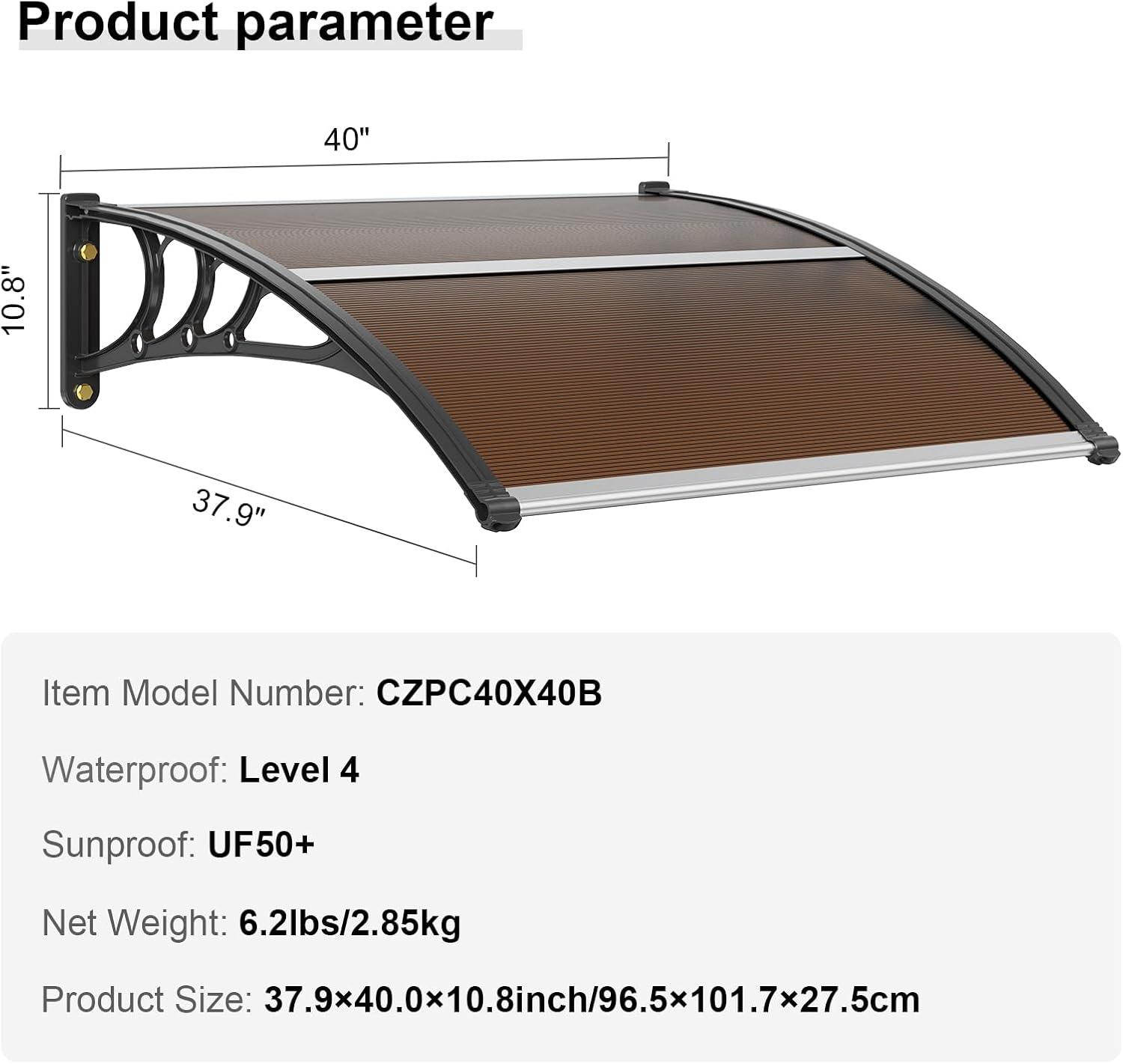 image:imageVEVOR Window Door Canopy 40 x 40 UPF 50 Polycarbonate for Door Canopy Exterior Entry Door Front Door Overhang for Rain Snow Sunlight Protection Hollow SheetBrown Board Black Bracket