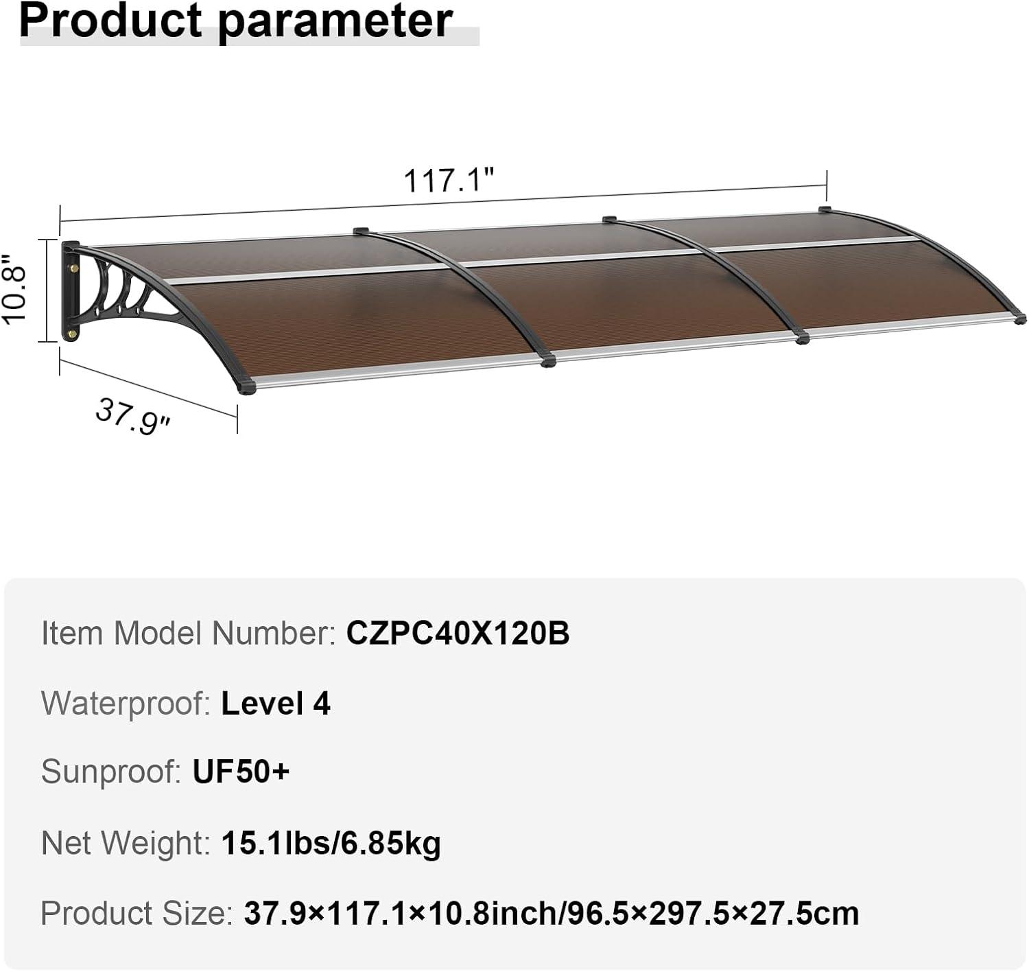 image:imageVEVOR Window Door Canopy 40 x 40 UPF 50 Polycarbonate for Door Canopy Exterior Entry Door Front Door Overhang for Rain Snow Sunlight Protection Hollow SheetBrown Board Black Bracket