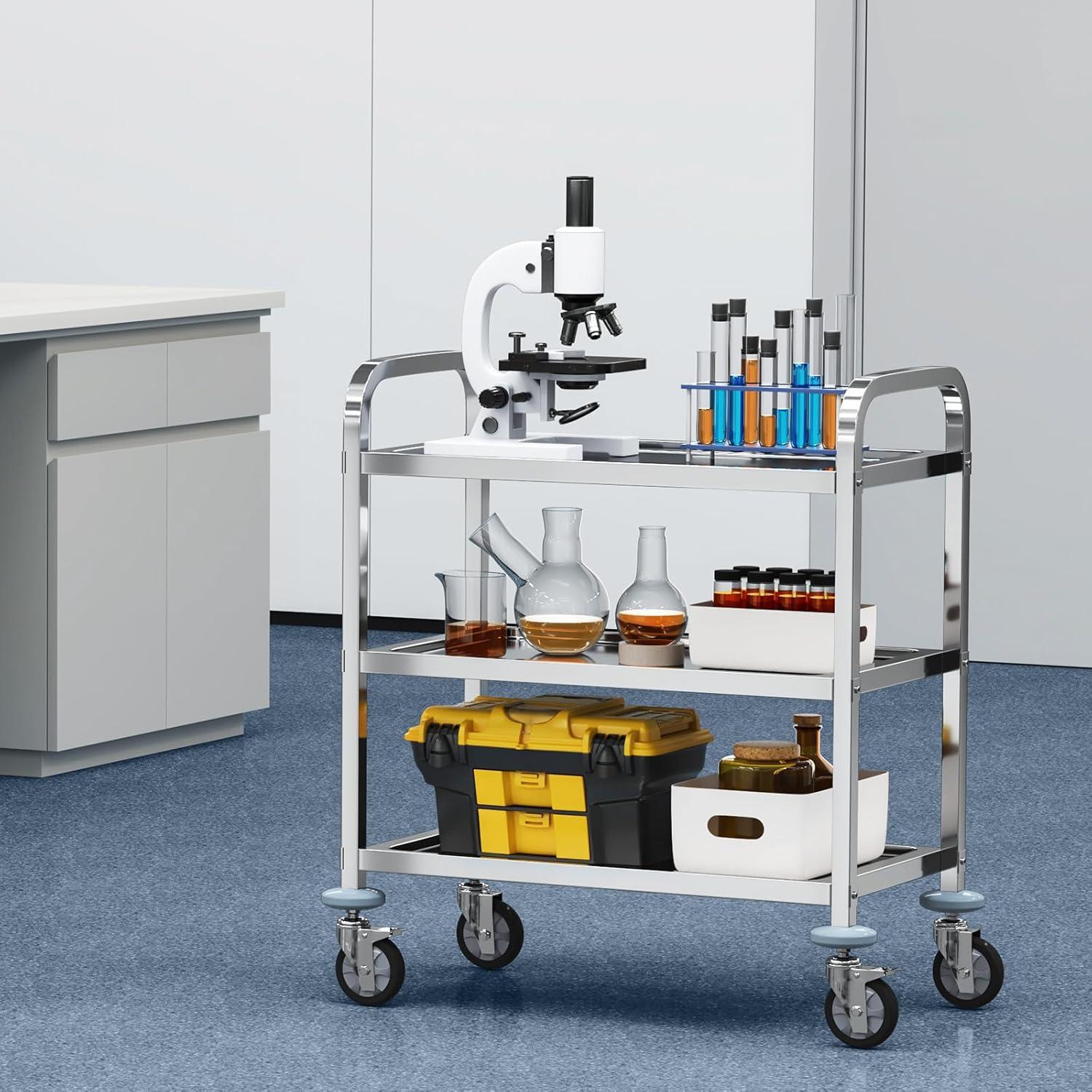 image:imageVEVORnbspStainless Steel Cartnbsp3 LayersnbspLab Utility Cartnbsp400 lbs Weight CapacitynbspMedical Cartnbspwith Lockable Universal Wheels for Lab Clinic Kitchen Salon