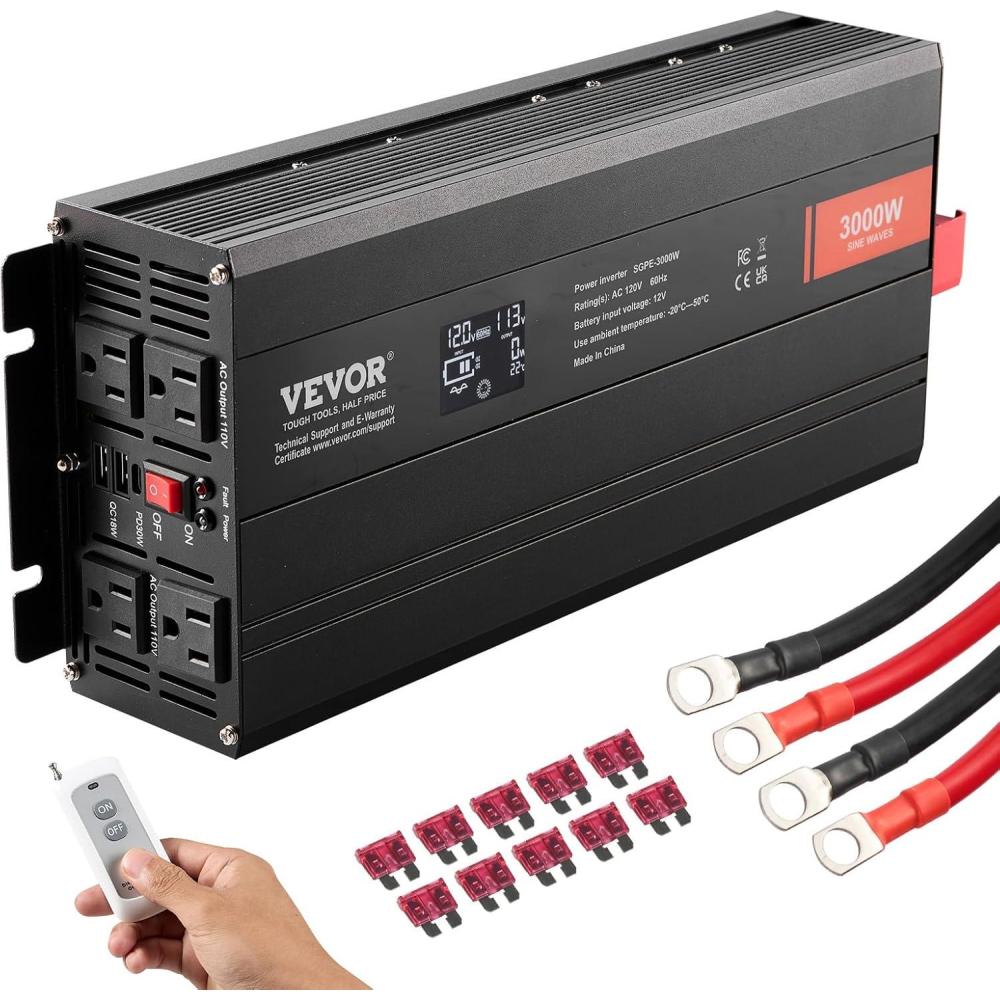 image:imageVEVOR 1000W Pure Sine Wave Inverter DC 12V to AC 120V Power Inverter with 2 AC Outlets 1 USB Port 1 TypeC Port Remote Control for Small Home Devices Like Smartphone Laptop CE FCC Certified3000W