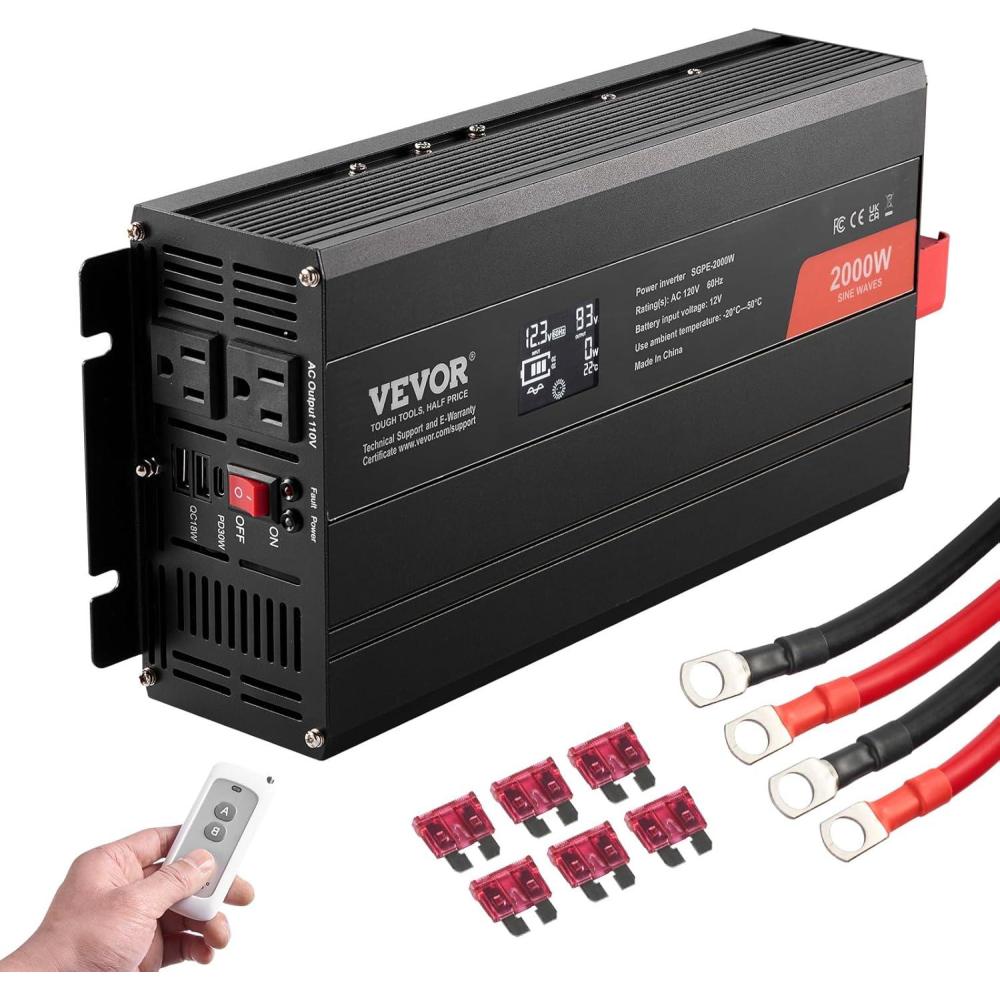 image:imageVEVOR 1000W Pure Sine Wave Inverter DC 12V to AC 120V Power Inverter with 2 AC Outlets 1 USB Port 1 TypeC Port Remote Control for Small Home Devices Like Smartphone Laptop CE FCC Certified2000W