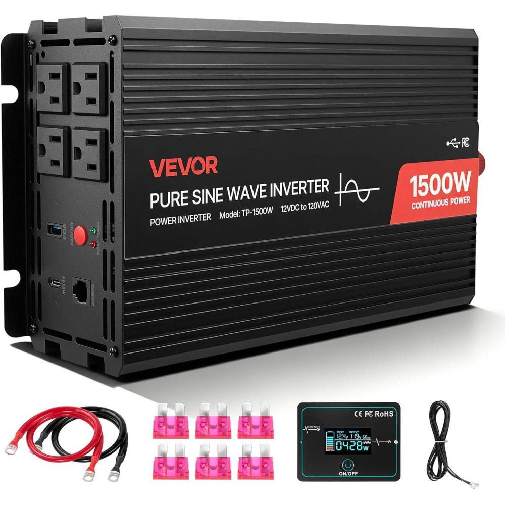 image:imageVEVOR 1000W Pure Sine Wave Inverter DC 12V to AC 120V Power Inverter with 2 AC Outlets 1 USB Port 1 TypeC Port Remote Control for Small Home Devices Like Smartphone Laptop CE FCC Certified1500W