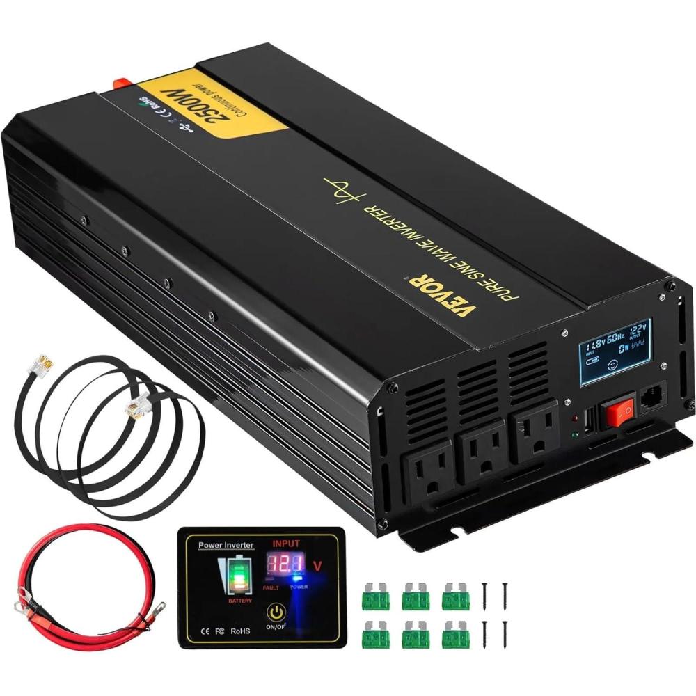 image:imageVEVOR 1000W Pure Sine Wave Inverter DC 12V to AC 120V Power Inverter with 2 AC Outlets 1 USB Port 1 TypeC Port Remote Control for Small Home Devices Like Smartphone Laptop CE FCC Certified2500W