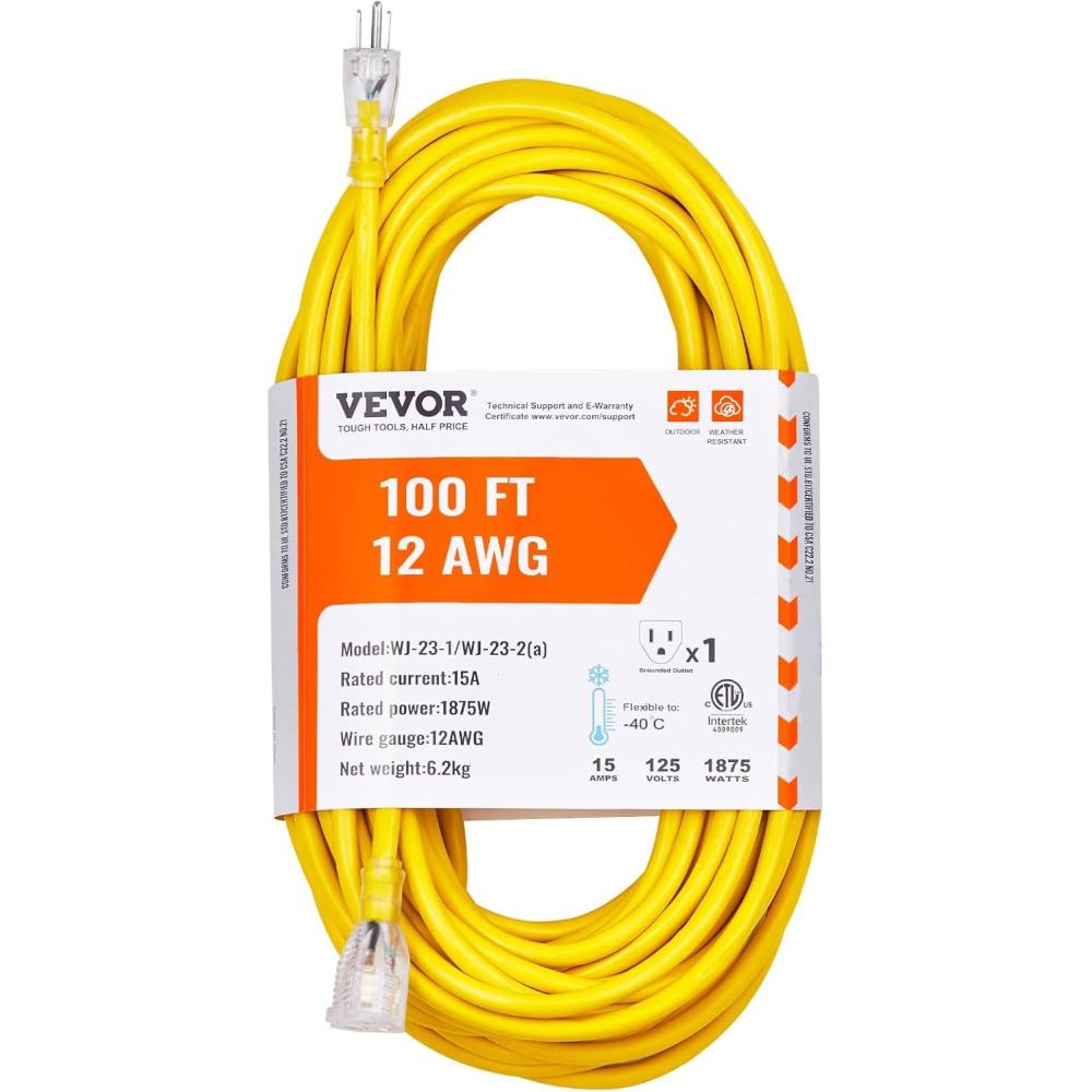 image:imageVEVOR 100FT Heavy Duty Extension Cord 12AWG 15Amps 1875W 3 Prongs Indoor Outdoor Electric Cord with Lighted End Flexible amp 40C ColdResistant for Lawn Garage Home Use ETL Listed12AWG