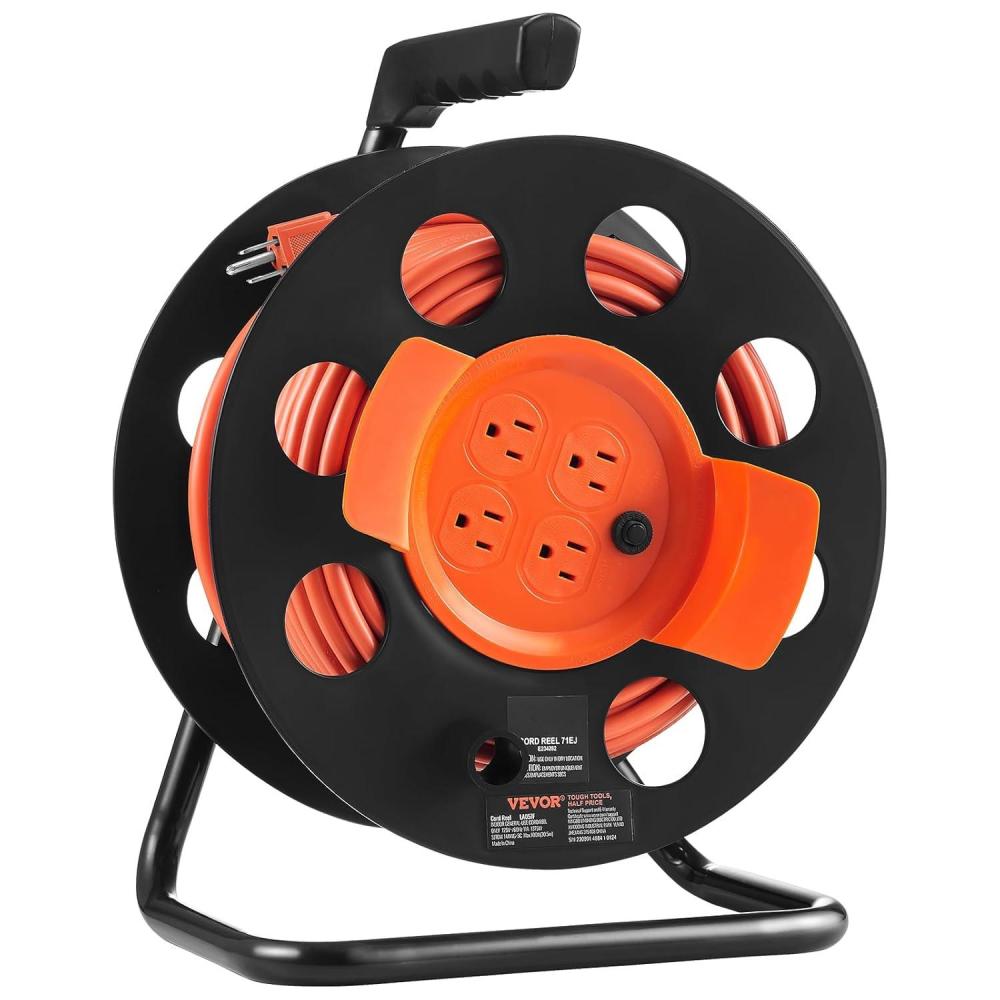image:imageVEVOR 100FT Retractable Extension Cord Reel with 4 Outlets and Dust Cover Heavy Duty 12AWG SJTOW Power Cord Portable Handle and Safety Overload Circuit Breaker for Outdoor Indoor Toolshed Garage14AWG