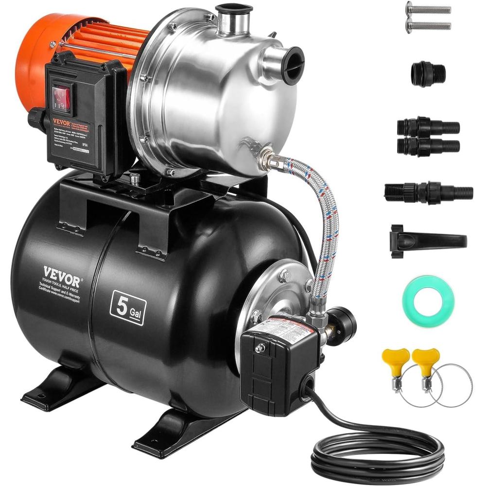 image:imageVEVOR 1HP Shallow Well Pump Portable 1380 GPH Garden Jet Pump with Automatic Controller 145 ft Head Stainless Steel Sprinkler Booster Pumps for Garden Lawn Irrigation System Water Transfer1 HP with Tank SS