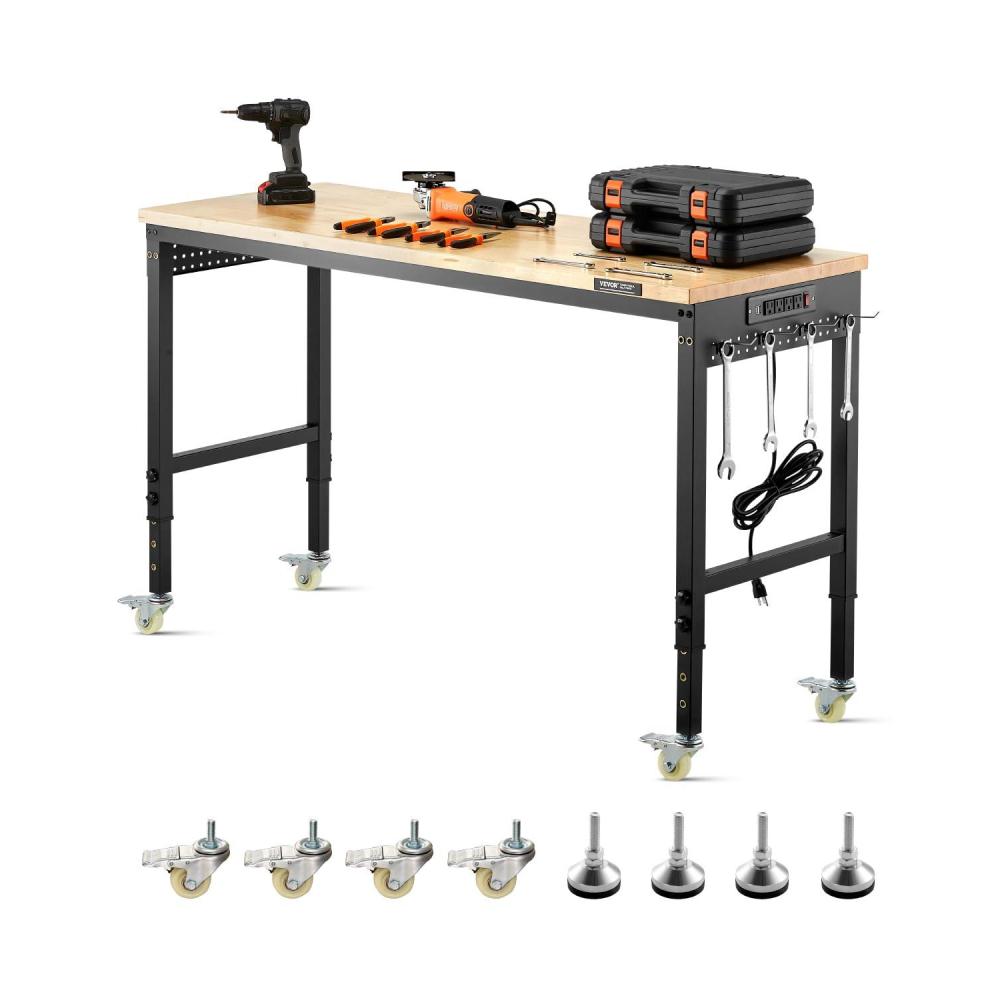 image:imageVEVOR Adjustable Workbench 48Inch Work Bench with Power Outlet Wheels and Pegboard 2000 lbs Load Heavy Duty Oak Wood Top Work Table for Garage Workshop Office and HomeRubber PadUniversal Wheels60x22