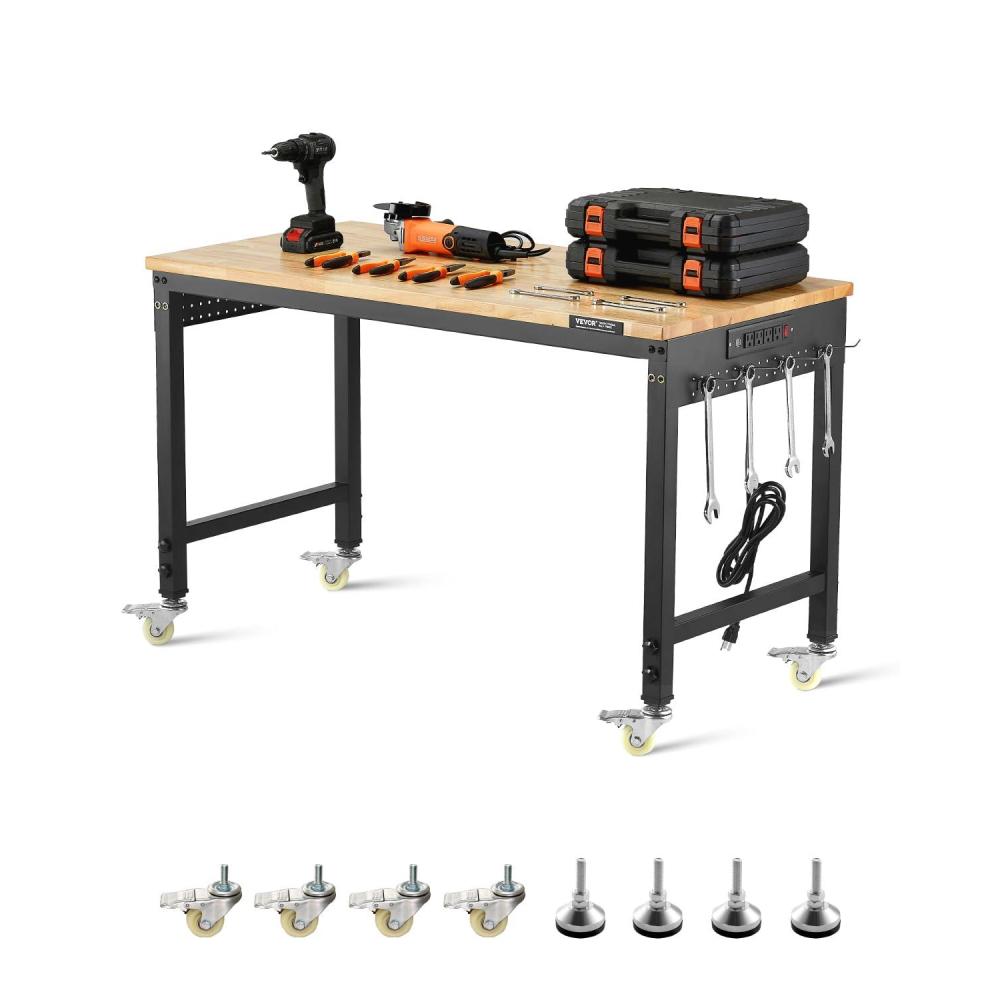 image:imageVEVOR Adjustable Workbench 48Inch Work Bench with Power Outlet Wheels and Pegboard 2000 lbs Load Heavy Duty Oak Wood Top Work Table for Garage Workshop Office and HomeRubber PadUniversal Wheels48x24