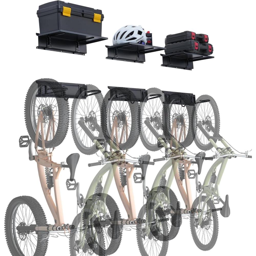 image:imageVEVOR Bike Storage Rack 6 Bike Racks and 3 Helmets Hooks Wall Mount Bike Storage Hanger Home amp Garage Organizer Customizable for Various Bike Sizes Adjustable Holder Holds Up to 300 lbs 48inchBike Storage Rack with Shelves