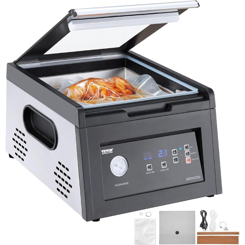 image:imageVEVOR Chamber Vacuum Sealer 260W Sealing Power Vacuum Packing Machine for Wet Foods Meats Marinades and More Compact Size with 102 in Sealing Length Applied in Home KitchenBlack