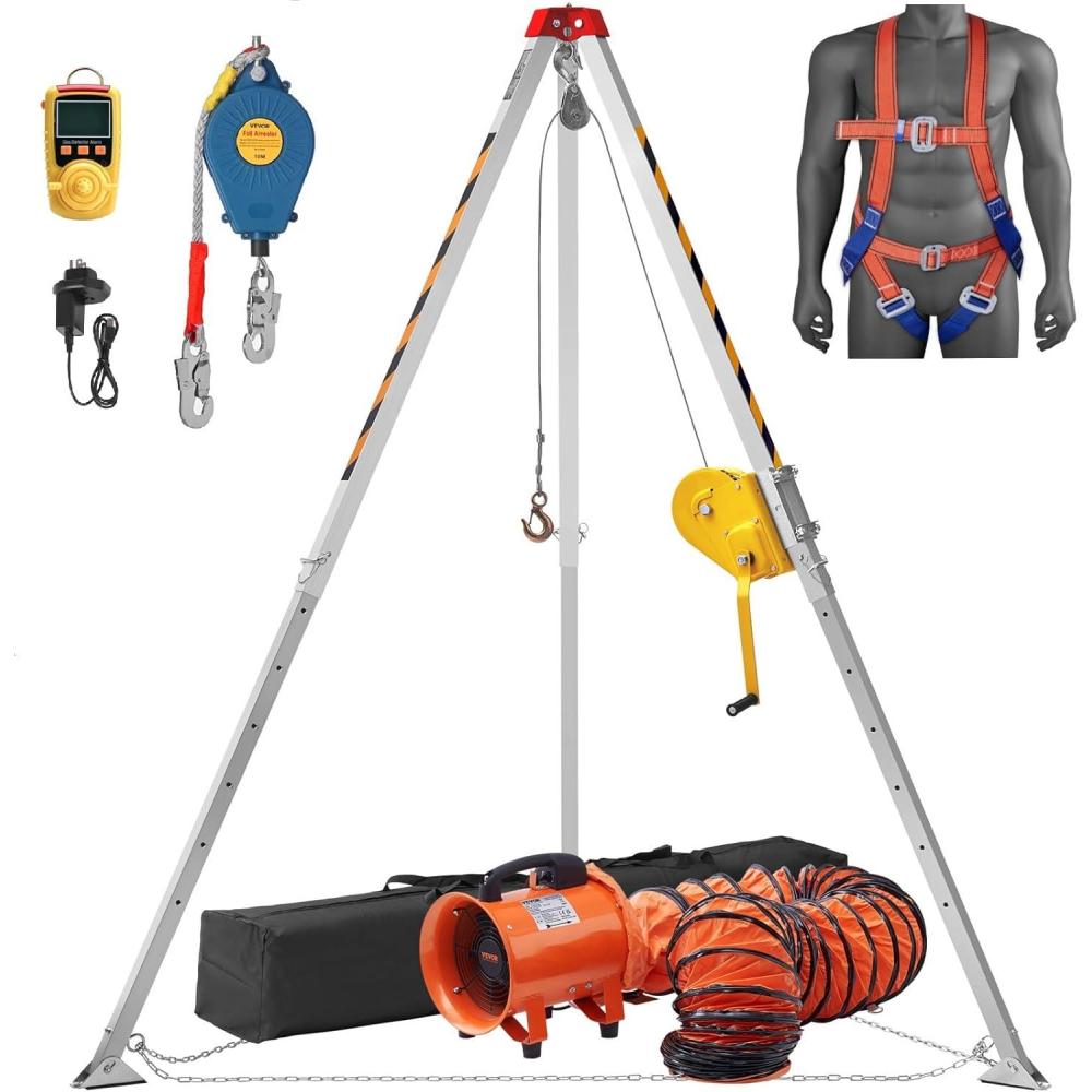 image:imageVEVOR Confined Space Tripod Kit 1800 lbs Winch Confined Space Tripod 7 Legs and 98 Cable Confined Space Rescue Tripod 328 Fall Protection Harness Storage Bag for Traditional Confined Spaces2600lbs Blower Gas detector
