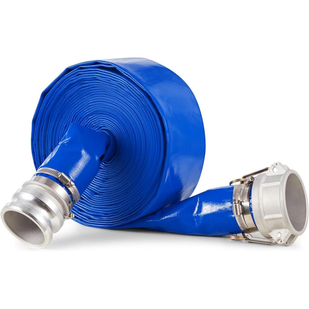 image:imageVEVOR Discharge Hose 112 x 100 PVC Fabric Lay Flat Hose Heavy Duty Backwash Drain Hose with Clamps Weatherproof amp Burstproof Ideal for Swimming Pool amp Water Transfer Blue3 x 50 with connector