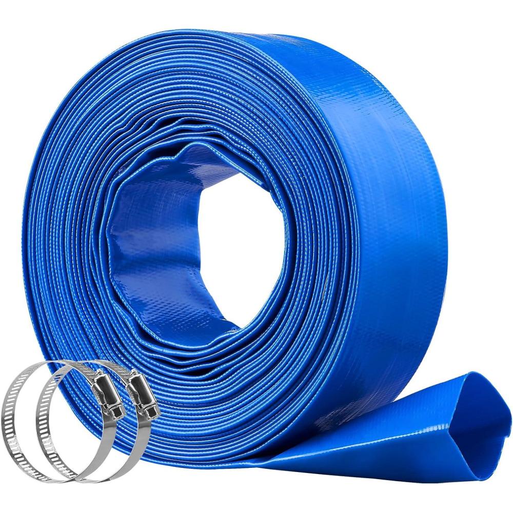 image:imageVEVOR Discharge Hose 112 x 100 PVC Fabric Lay Flat Hose Heavy Duty Backwash Drain Hose with Clamps Weatherproof amp Burstproof Ideal for Swimming Pool amp Water Transfer Blue02 2 x 50