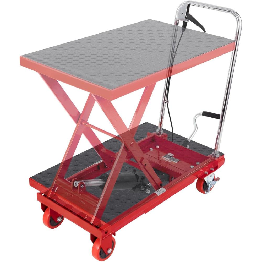 image:imageVEVOR Electric Lift Table 330 lbs Capacity Single Scissor Lift Table 828 in Height Adjustable Lifting Platform Coffee Table Lift with 4 Wheels for Material Handling and Transportation BlackRed