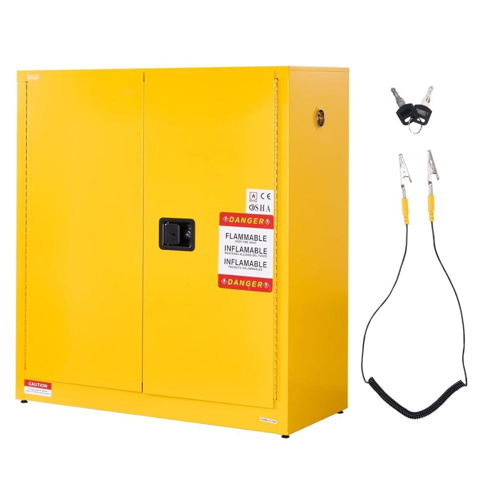 image:imageVEVOR Flammable Cabinet 18 x 43 x 50 ColdRolled Steel Flammable Liquid Storage Cabinet 34 Gal with 2 Adjustable Shelves2 Manual Closing Doors for Industrial Use Yellow18 x 43 x 46