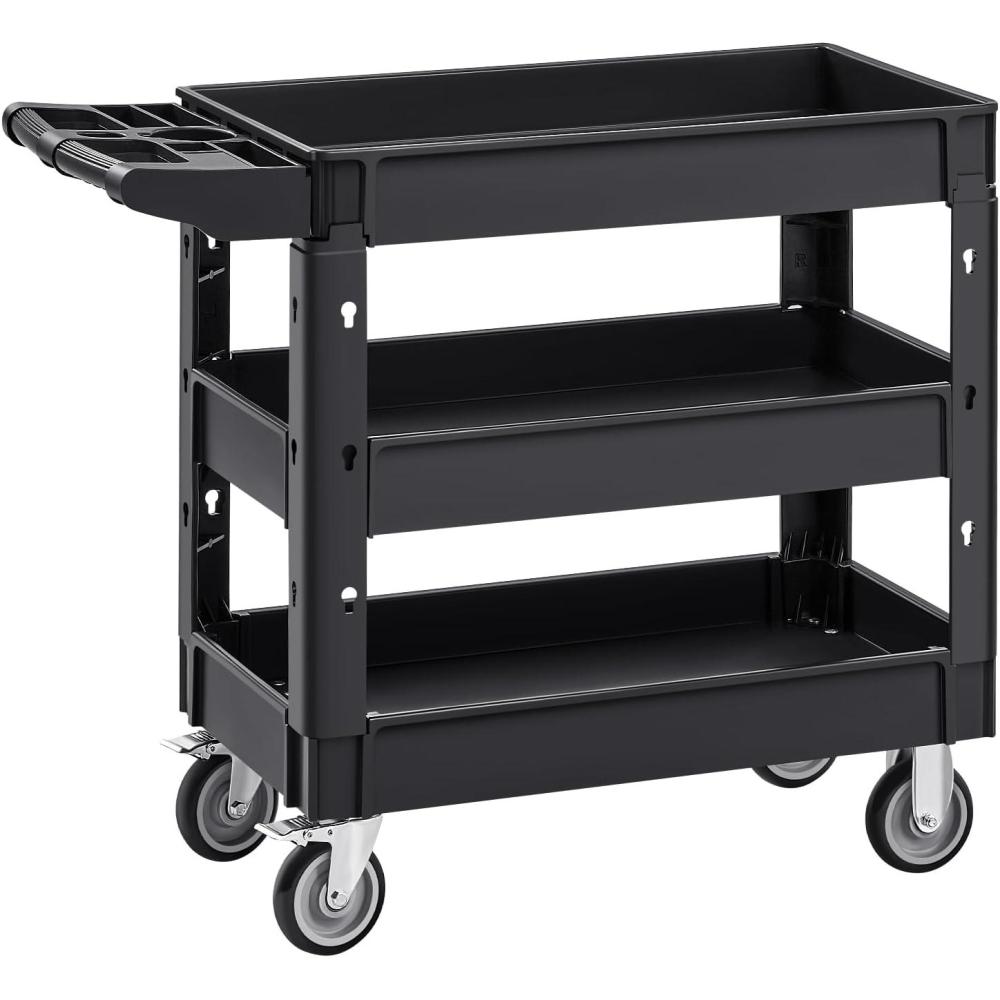 image:imageVEVOR Foldable Utility Service Cart 165LBS 3 Shelf Heavy Duty Plastic Rolling Cart with 360 Swivel Wheels 2 with Brakes Ergonomic Handle Portable Garage Tool Cart for Warehouse Office Home3 Tier550LBS