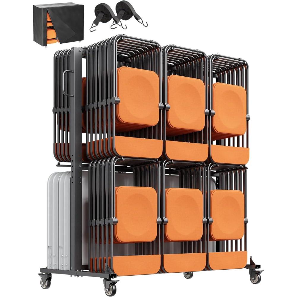 image:imageVEVOR Folding Chair Rack 800 LBS Capacity HeavyDuty Chair Cart for 84 Chairs 12 Tables42 Chairs DualLayer Chair Storage Dolly with Rubber Wheels and Holders Large Chair Holder Matte Black