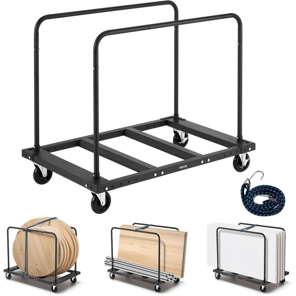 image:imageVEVOR Folding Table Cart Heavy Duty Table Trolley with 5 Swivel Wheels 1800 LBS Drywall Dolly Cart for Garage Home Warehouse Party Event Hotel Furniture 10 Table Capacity1800LBS Double Bar