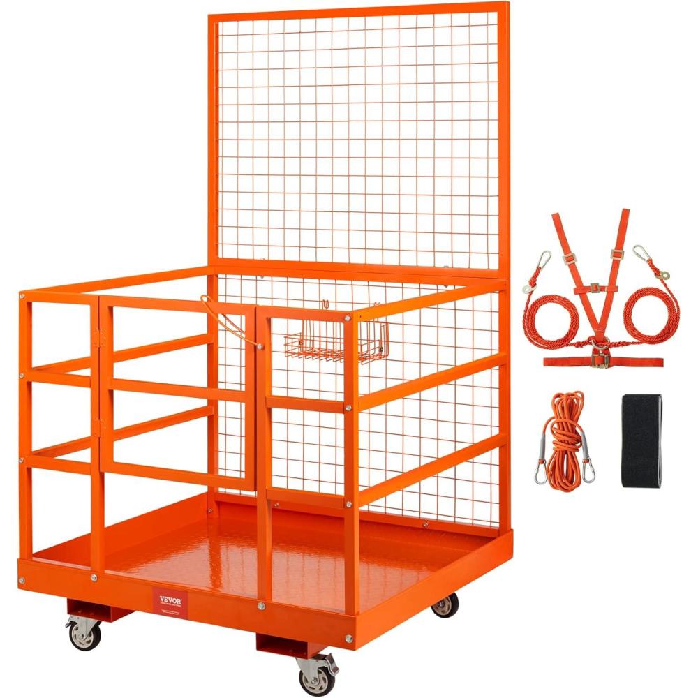 image:imageVEVOR Forklift Man Basket 36 x 36 Inches Forklift Safety Cage Work Platform 1200 lbs Load Capacity Collapsible Lift Basket with 4 Wheels Device Chain for Aerial Work Lifting Loader43x45 with Wheels