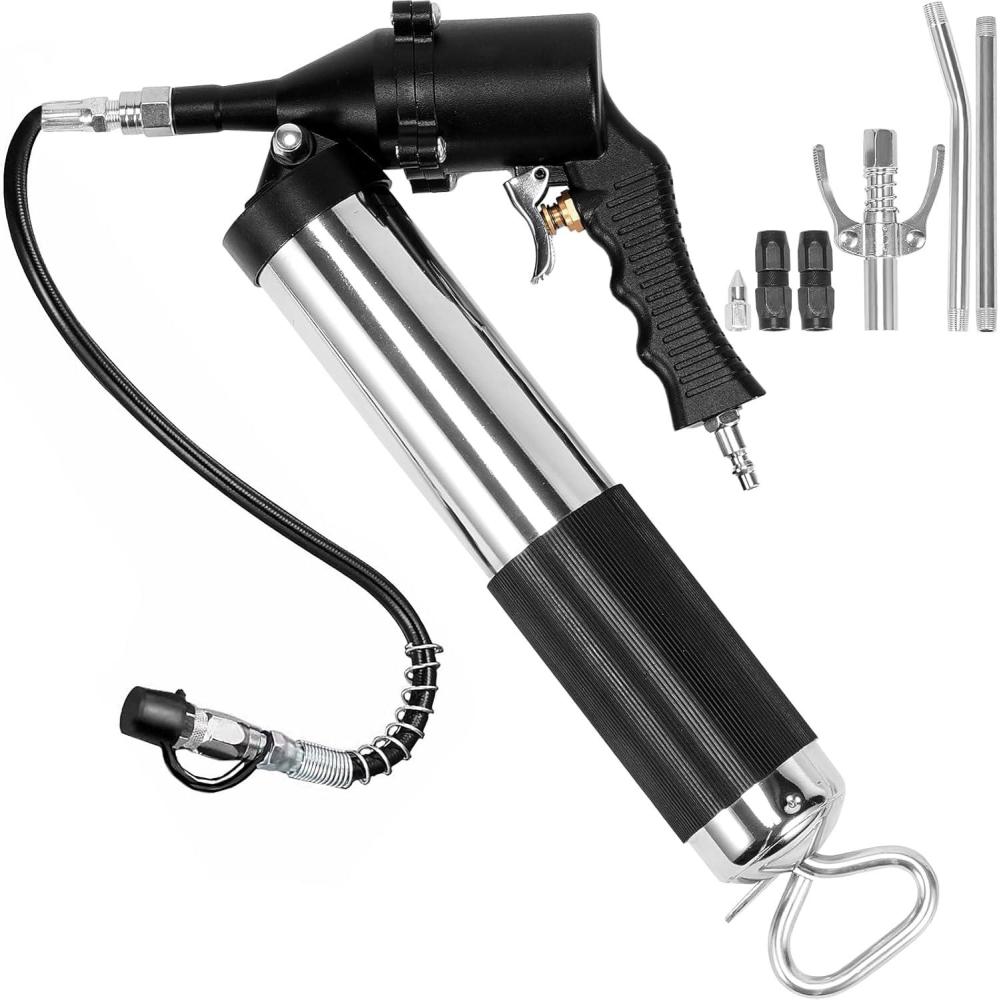 image:imageVEVOR Grease Gun 6000PSI Air Operated Grease Gun Heavy Duty Pneumatic Grease Gun with 14 oz Load 185 Inch Flexible Hose 1 Flat Coupler 1 Pointed and Locking Clamp Coupler 1 Bent Metal Pipe185 Inch